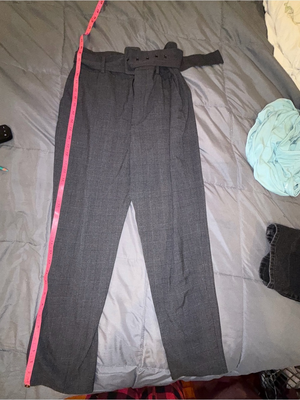 Zara Gray Plaid Paperbag Waist Belted Trousers Size M - Picture 3 of 7